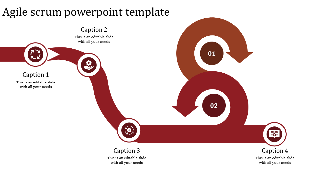 Agile scrum slide with a winding process path and icons for each stage, labeled with captions and step numbers.