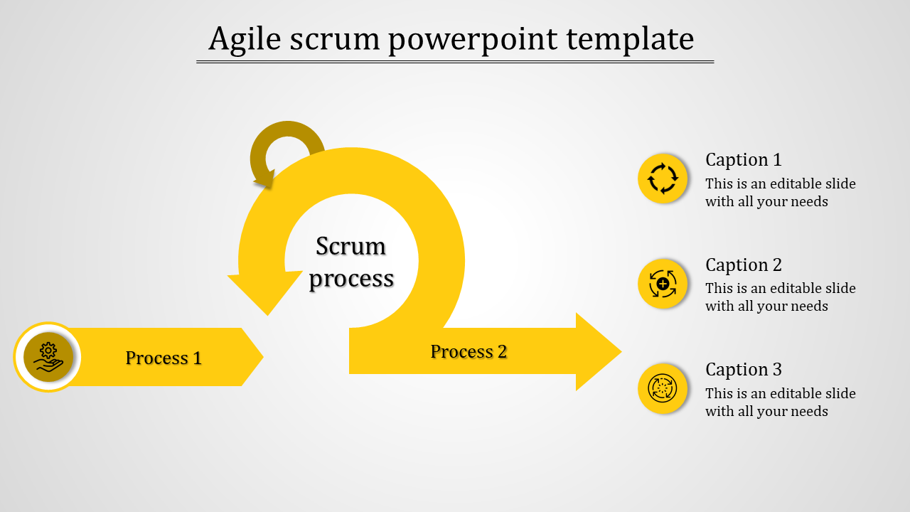 Agile Scrum PowerPoint template illustrating a cyclical process with steps and captions for clarity.