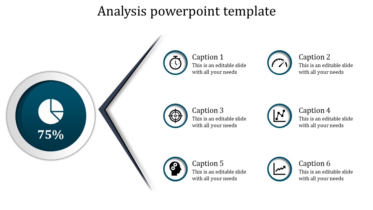 Blue themed analysis slide featuring a 75 percent pie chart and six captioned icons for data driven presentations.