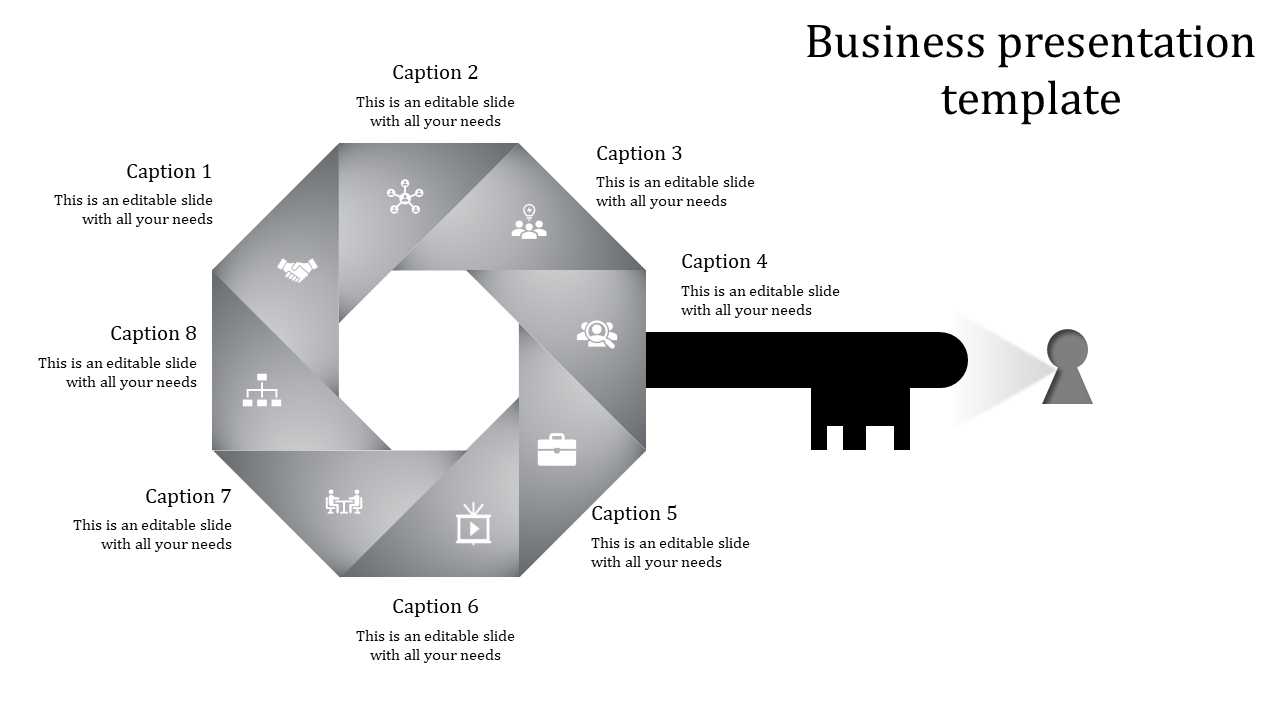 Gray octagonal infographic with icons, captions, and a key graphic leading to a keyhole, representing business solutions.