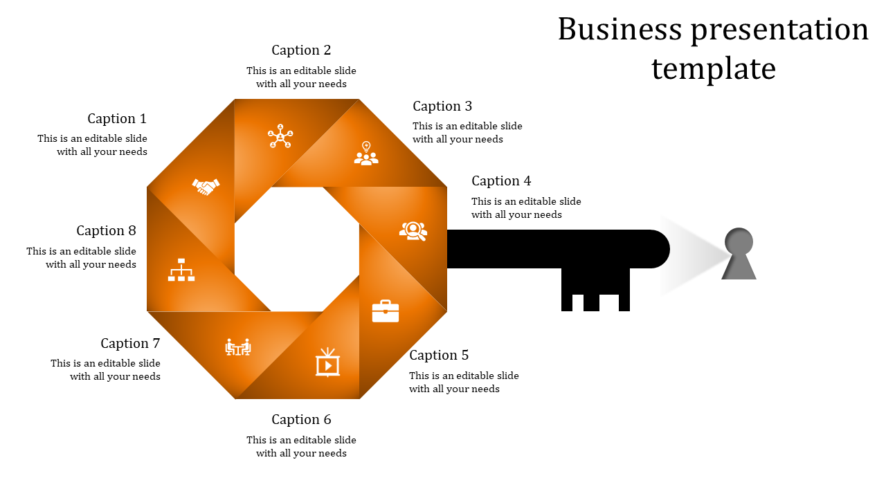 Business-themed octagonal chart with orange sections, icons, and captions, extending into a black key pointing to a keyhole.