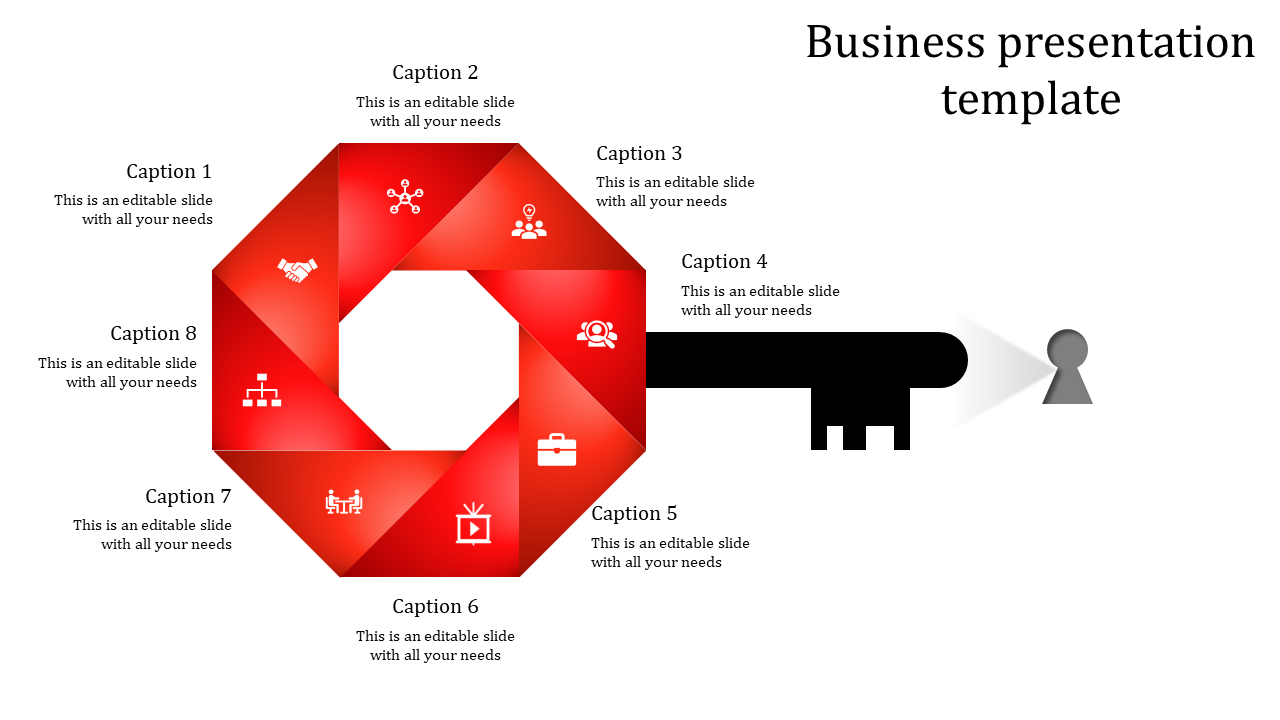 Business presentation template featuring a red octagonal infographic with icons, captions, and a key unlocking a keyhole.