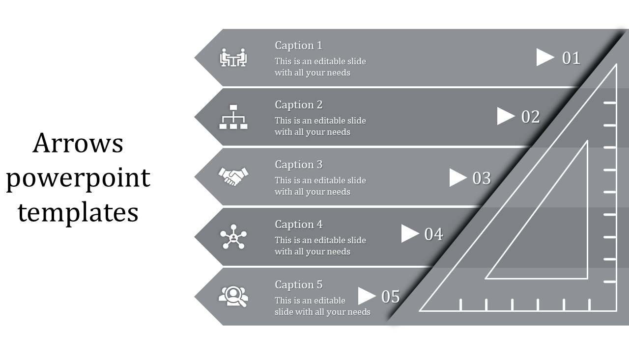 Gray infographic with five arrows, featuring business icons, numbered steps, and a triangular ruler on the right.