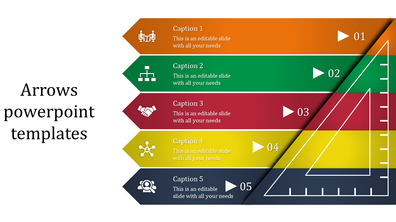 Five horizontal arrows in orange, green, red, yellow, and gray, each with icons, text, and a triangular ruler design.