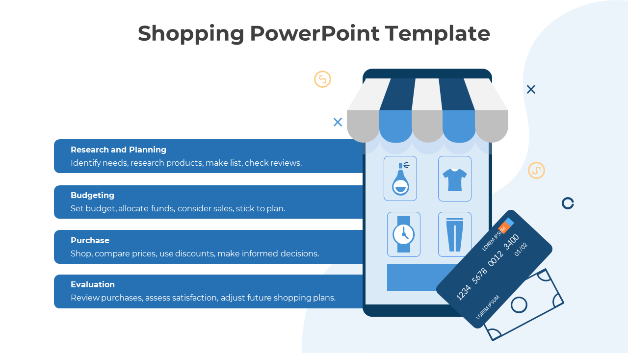 Blue shopping presentation template with a store display, credit card graphic, and four steps labeled in bars.