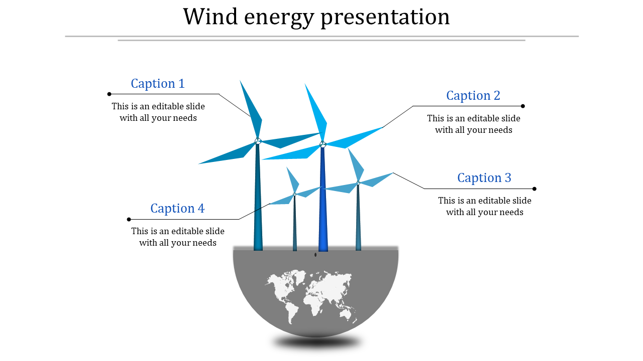 Energy-themed slide featuring wind turbines and a globe with four numbered caption areas placed in a white background.