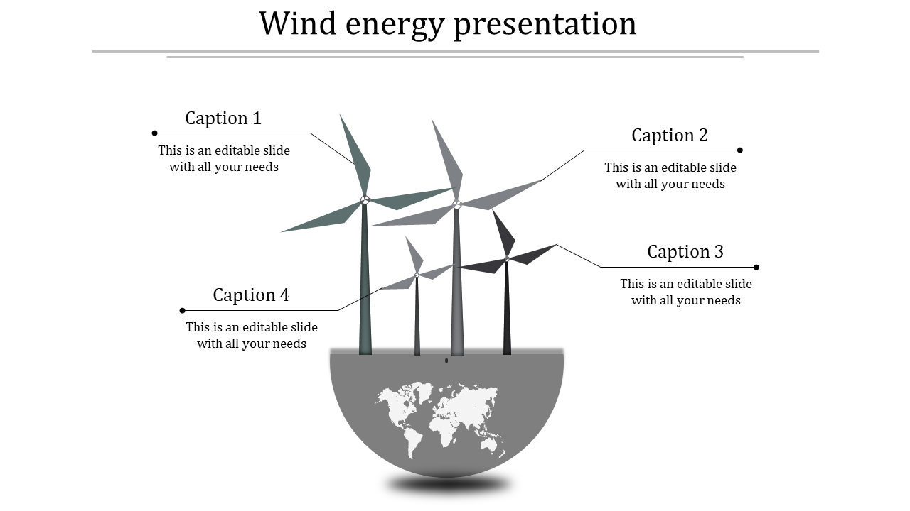 Slide with four gray wind turbines on a half globe base featuring a world map, with caption extending outward.