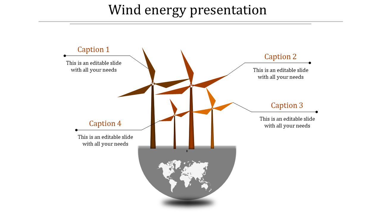 Creative wind energy template illustrating turbines on a gray platform, designed with four caption areas.