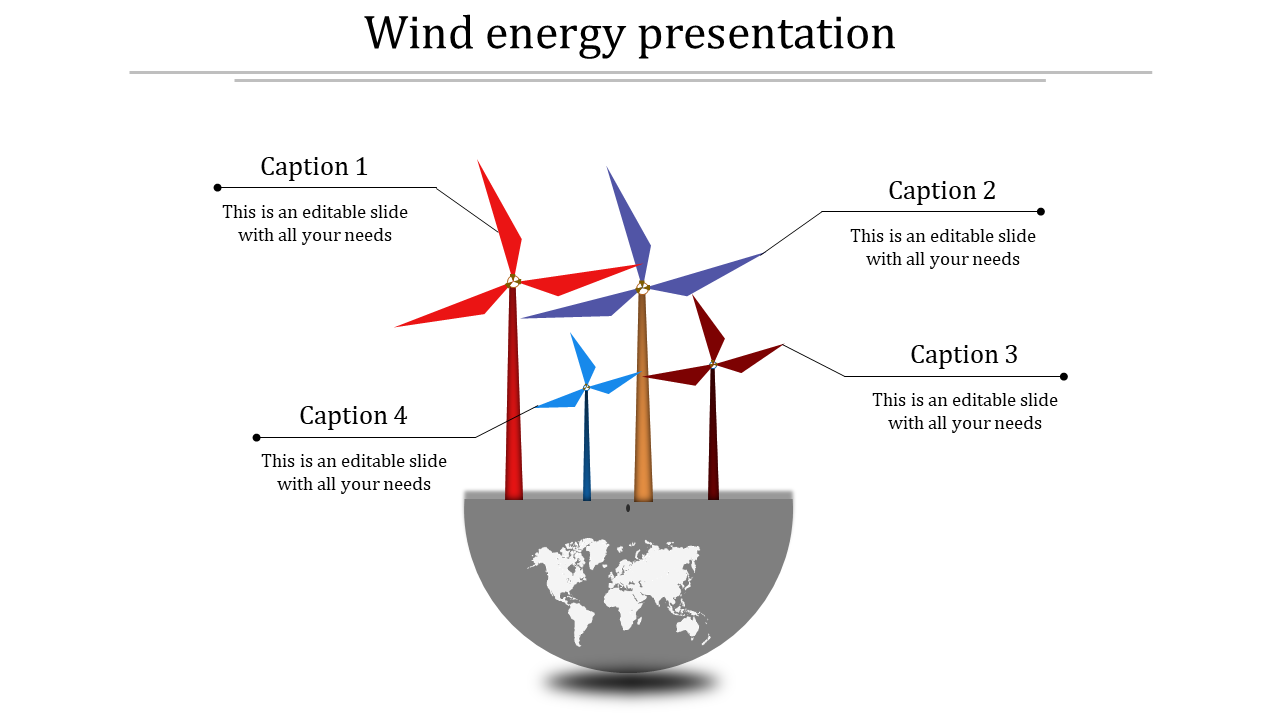 Illustration of four colorful wind turbines in orange, blue, purple, and red on a gray globe base with captions on each side.