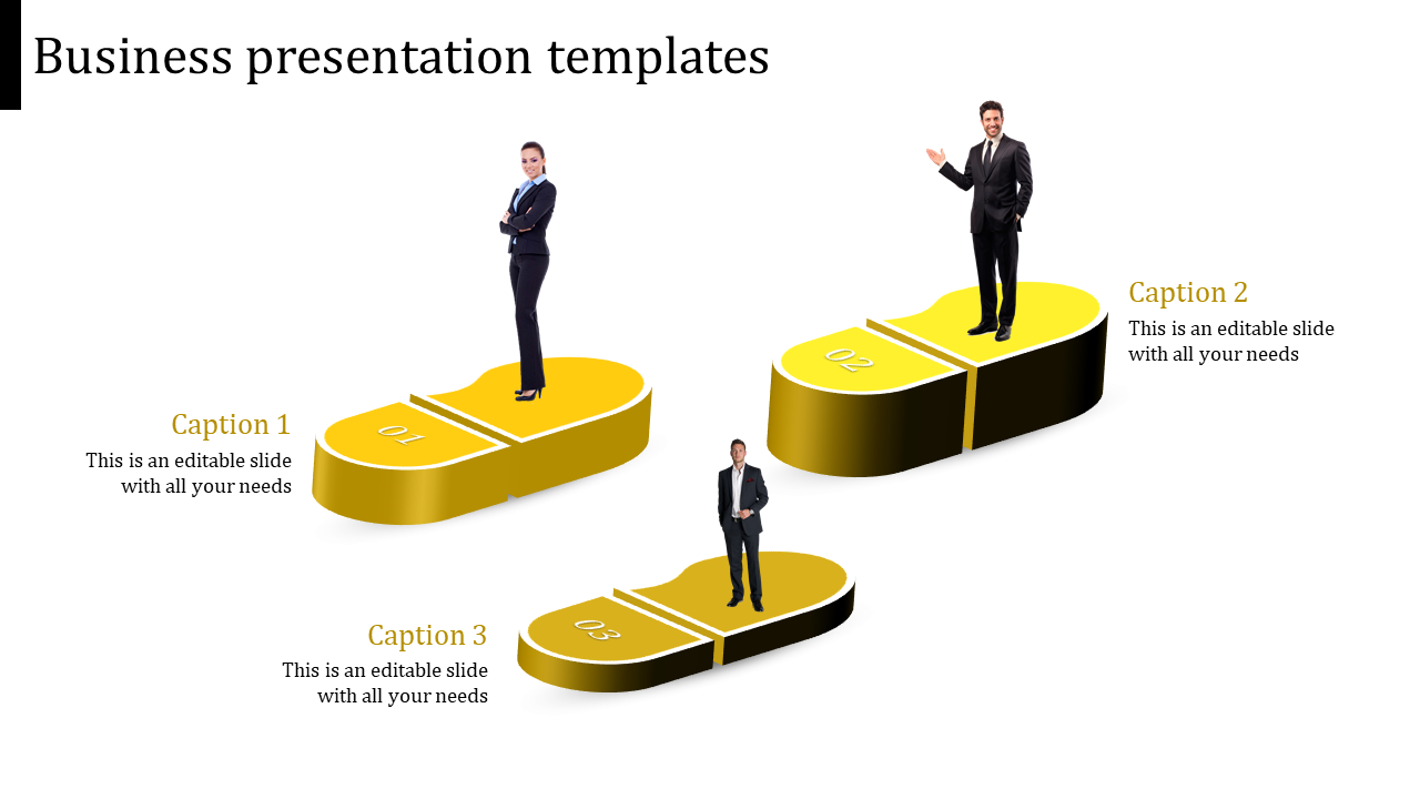 Professional-themed slide featuring three business individuals on numbered gold platforms with caption areas.