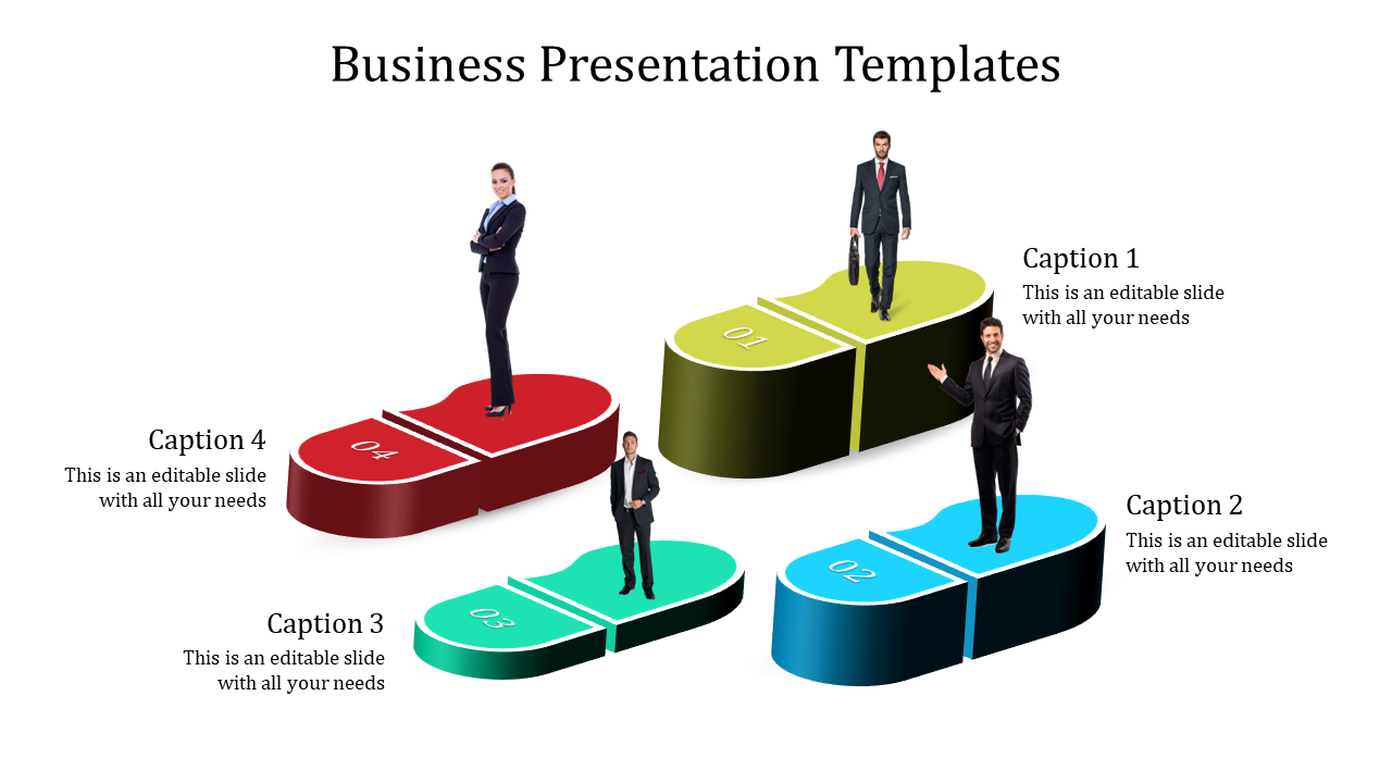 3D business slide with professionals standing on colorful numbered platforms labeled as captions for a structured layout.