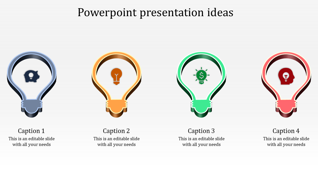 Light bulb shaped icons in different colors concepts such as ideas, finance, and innovation, arranged with captions areas.