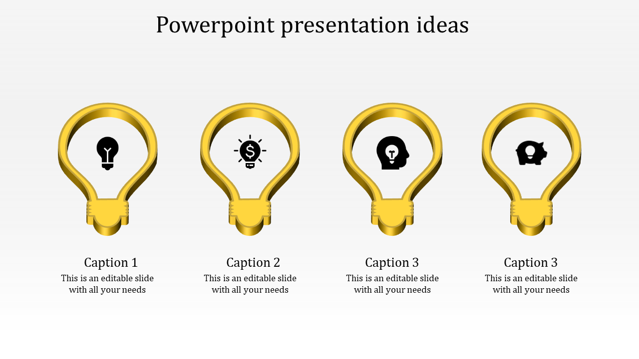 Horizontal layout of four yellow lightbulb graphics with icons inside and captions describing each idea below.