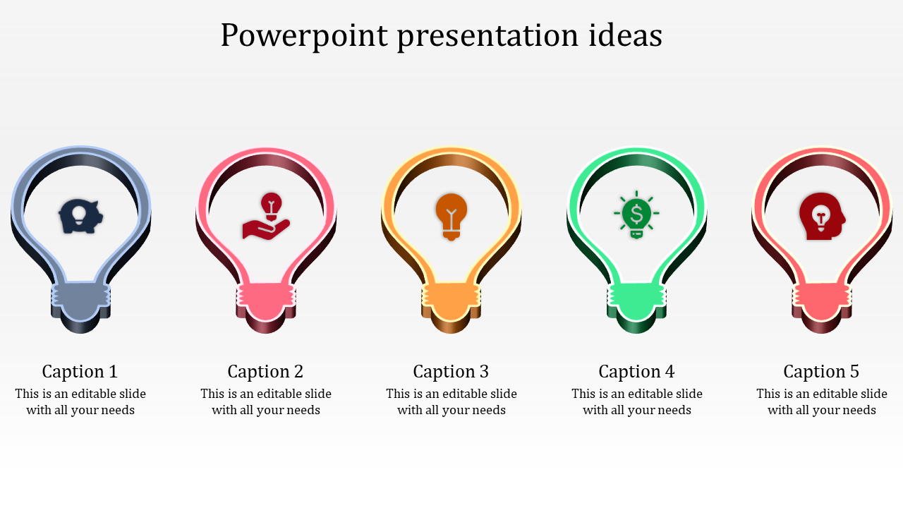 Creative PowerPoint slide featuring five colorful light bulb designs with captions.