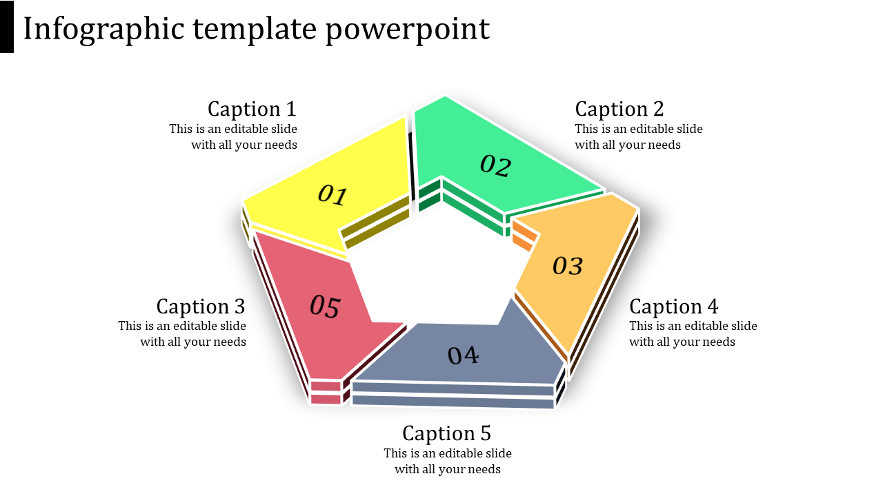 3D pentagonal infographic with five colorful sections in yellow, green, orange, blue, and red, each labeled 01 to 05.