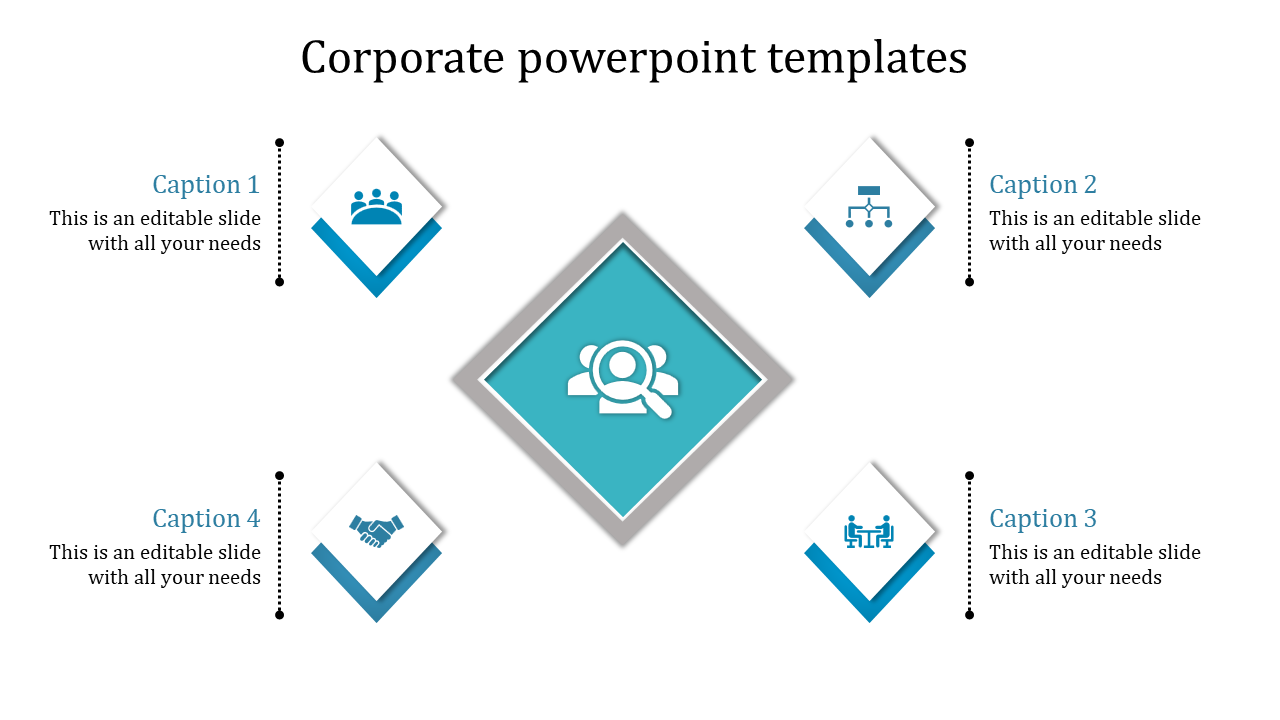 Corporate PowerPoint slide with a central focus on icons and four captions arranged symmetrically.