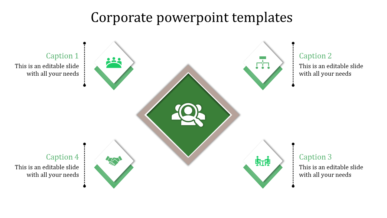 Business layout featuring a central green diamond and four smaller white diamonds aligned with captions.