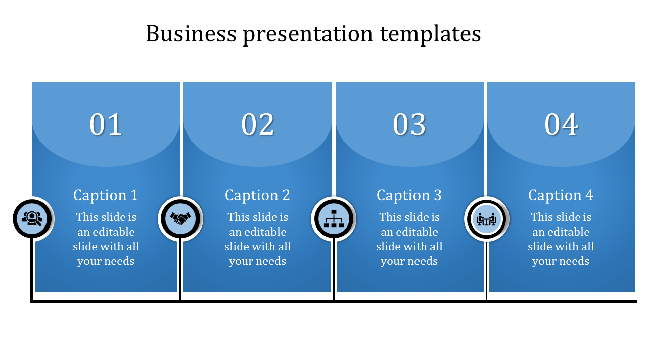 Sequential blue layout featuring four rounded rectangles with circular icons and a horizontal connection.