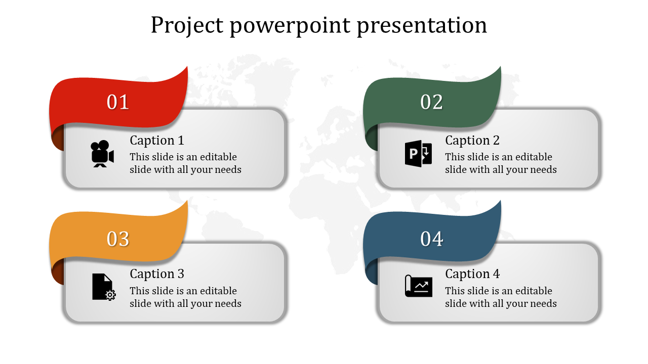 Project management slide with colorful sections, each labeled with icons for video, PowerPoint, document, and chart tasks.