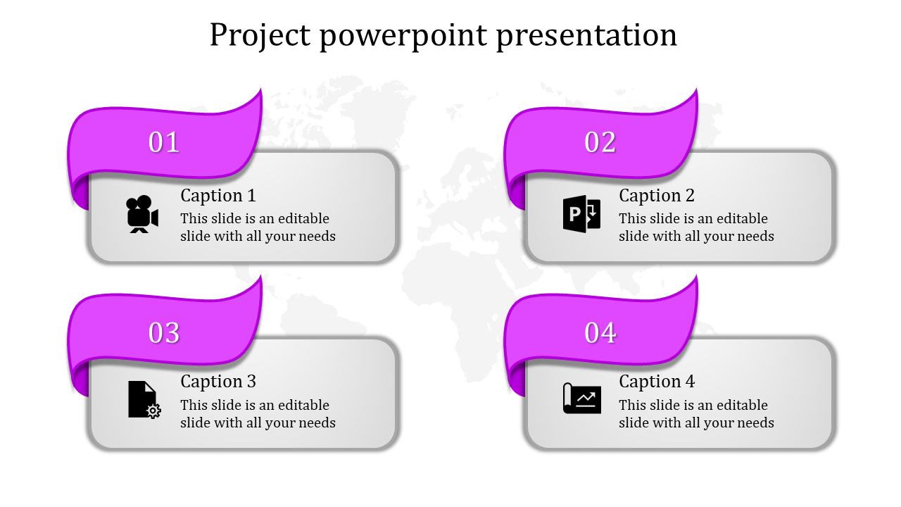 Business layout with four numbered steps, each in a gray box with a purple ribbon header and associated icons.