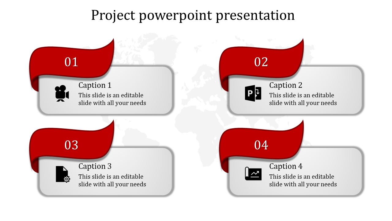 A template for project steps featuring red ribbon headers and descriptive icons for each of the four steps.