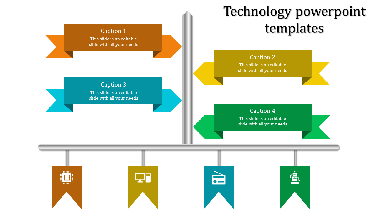 Technology infographic template with a vertical pole supporting four caption banners in warm and cool tones. 