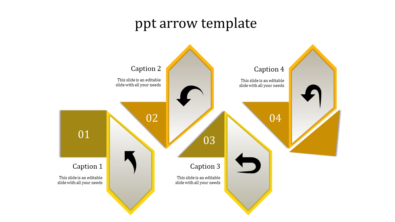 Yellow and gray arrow shaped diagram with four sections numbered 01 to 04 and black icons in each segment.