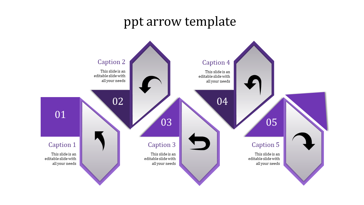 Five purple and gray design showing four sequential arrow segments, captions for descriptions, and bold black icons.