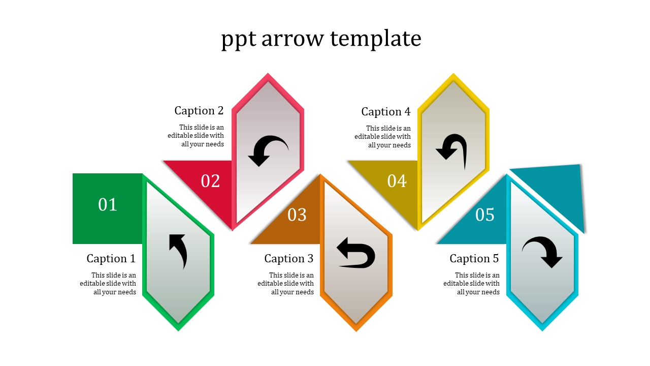 Infographic PPT slide featuring a five step arrow in green, red, orange, yellow, and blue colors with placeholder text.