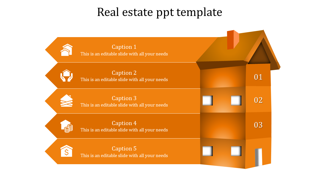 Orange building infographic with five levels, each labeled with captions and real estate icons, representing various features.