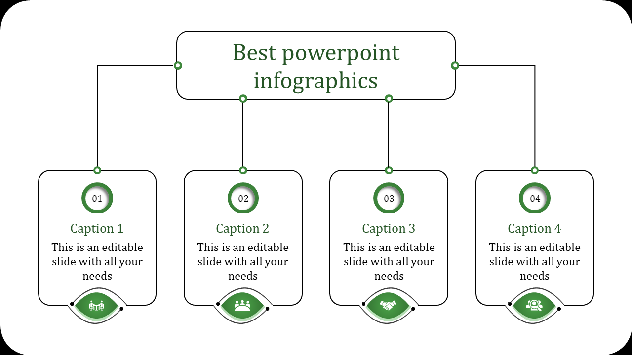 Business process flowchart with four vertically aligned text boxes connected to a main heading, featuring circular step.