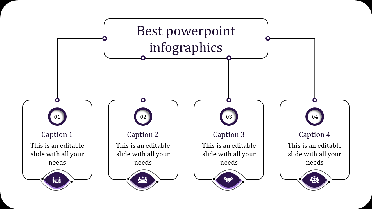 Slide design featuring four purple highlighted sections, each connected to the title with lines and containing icons.