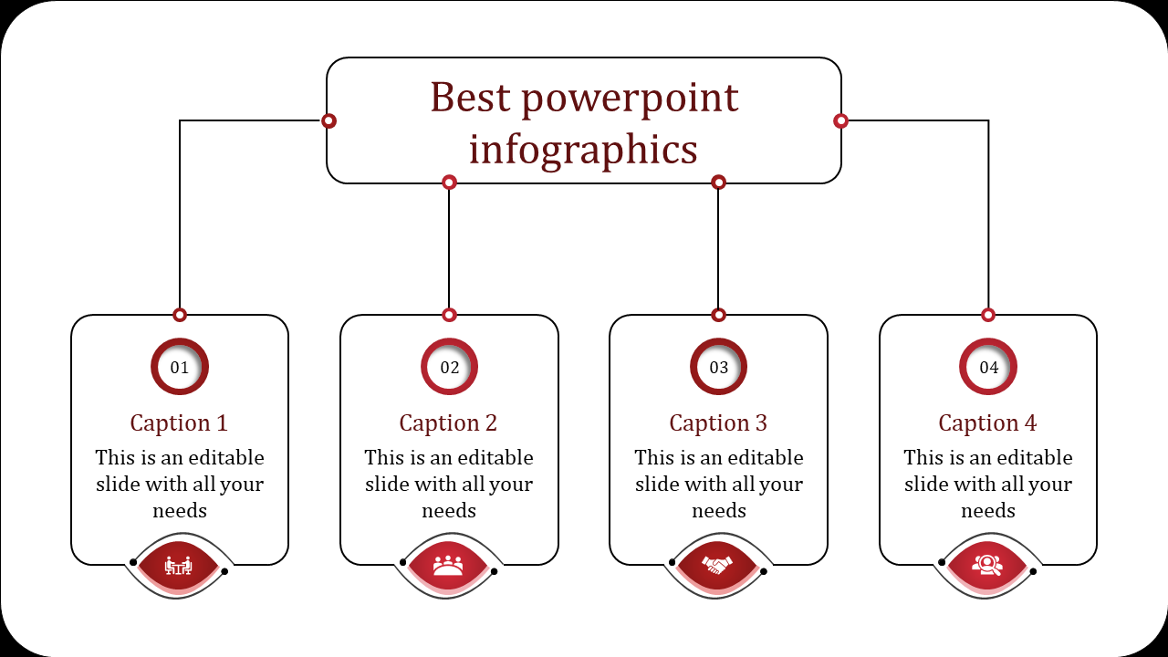 Best PowerPoint infographics with four sections, each containing a caption and icons within circular boxes.