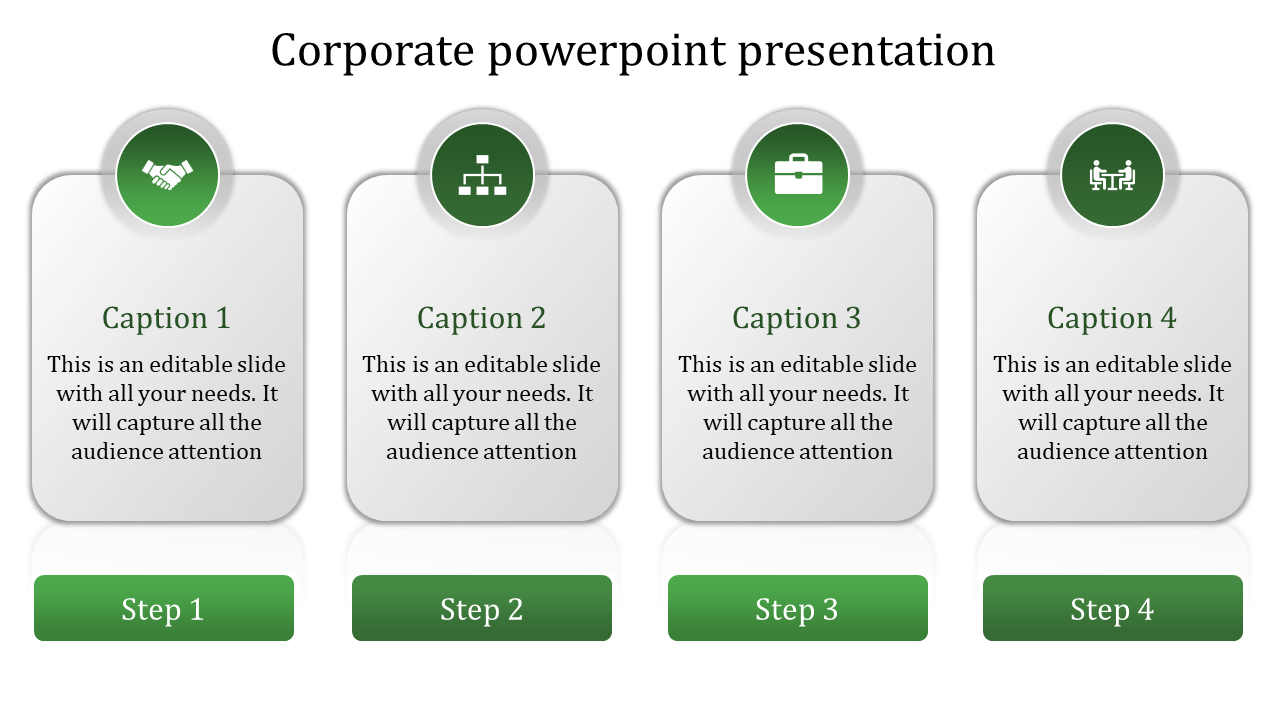 Corporate slide with four gradient effect panels, each with a title, description, and a step number at the bottom.