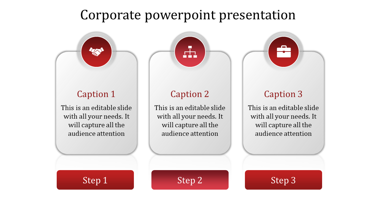 Three vertical cards with red circular icons on top, labeled with captions and step buttons at the bottom.