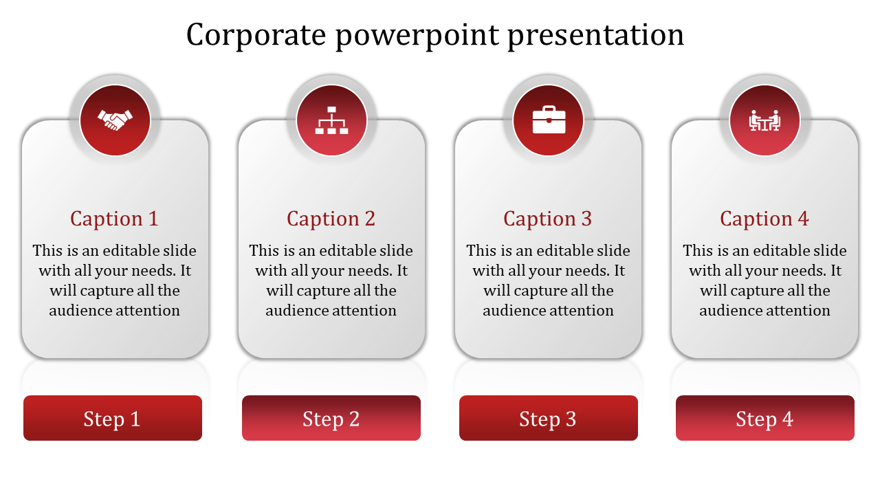 Corporate slide with four vertically aligned glossy gray boxes, each featuring a red circular icon at the top.