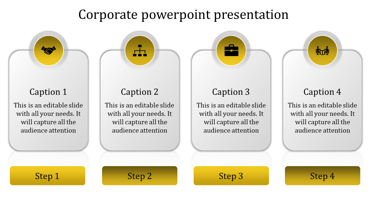 Corporate layout with four vertical panels, each showing an icon, caption, and step number.