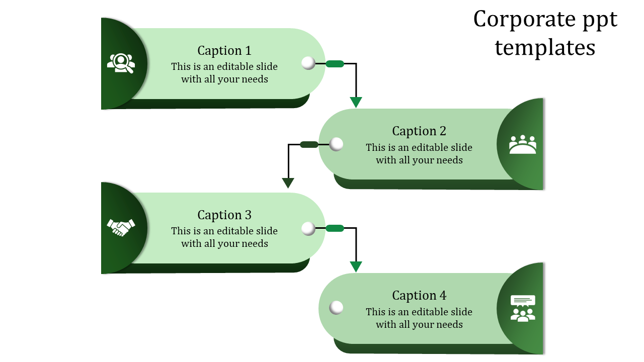 Four green gradient rectangles with circular icons are linked by arrows, forming a process flow with a clean layout.