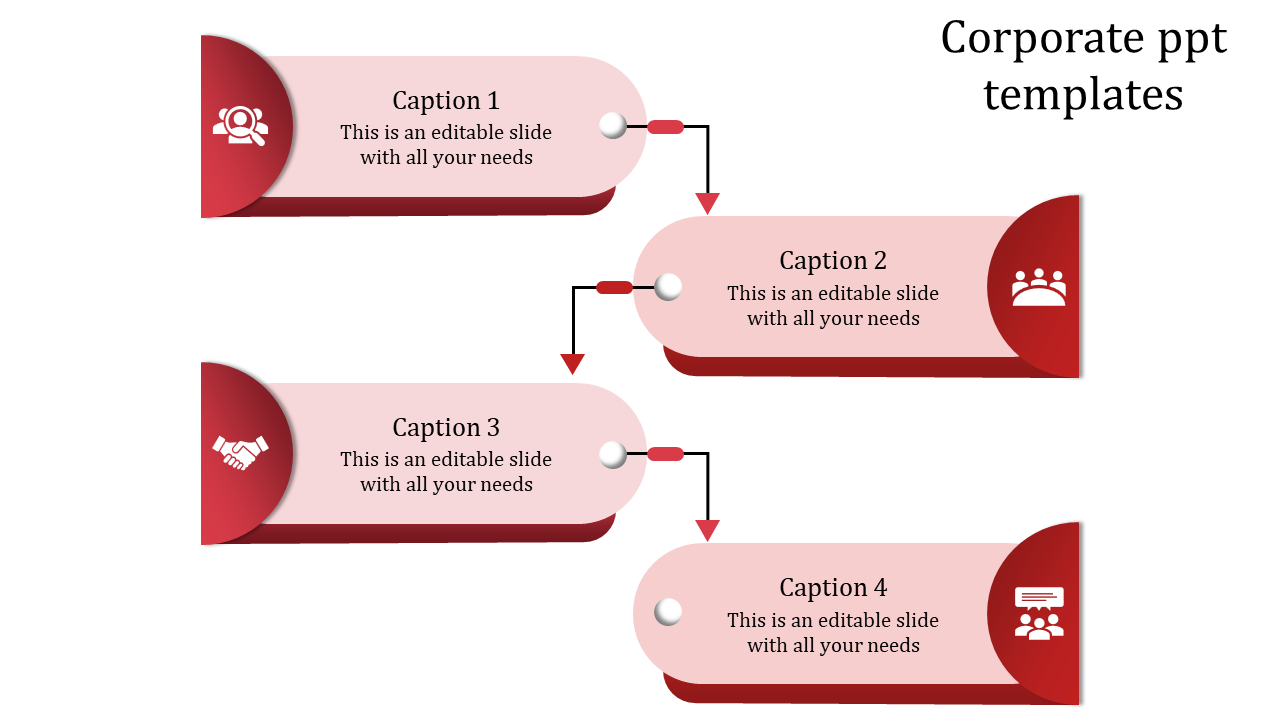 Structured corporate PPT slide with four connected sections, each captioned and marked with a distinct icon.