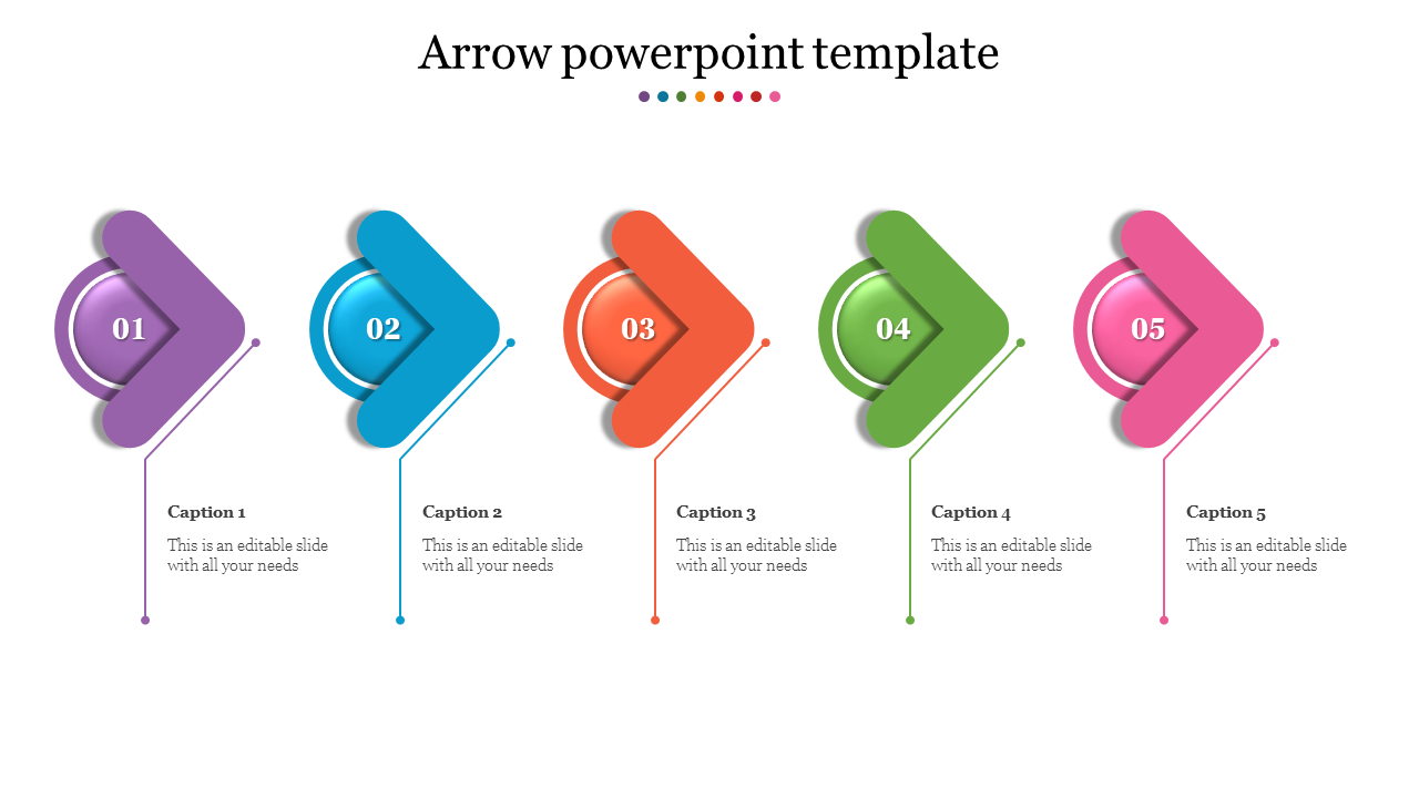 Colorful arrow PowerPoint template with five numbered arrows in purple, blue, orange, green, and pink, each with captions.