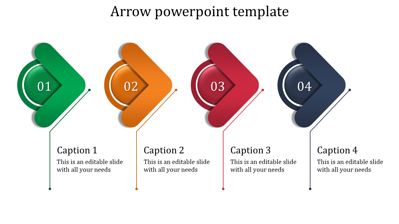 Slide with four arrows in green, orange, red, and navy, each containing numbers 01 to 04 and linked to captions below.