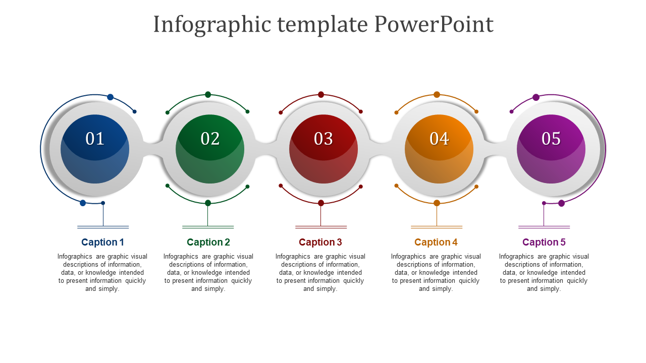 Infographic PowerPoint slide with five colorful circles, each with captions explaining the concept of infographics.