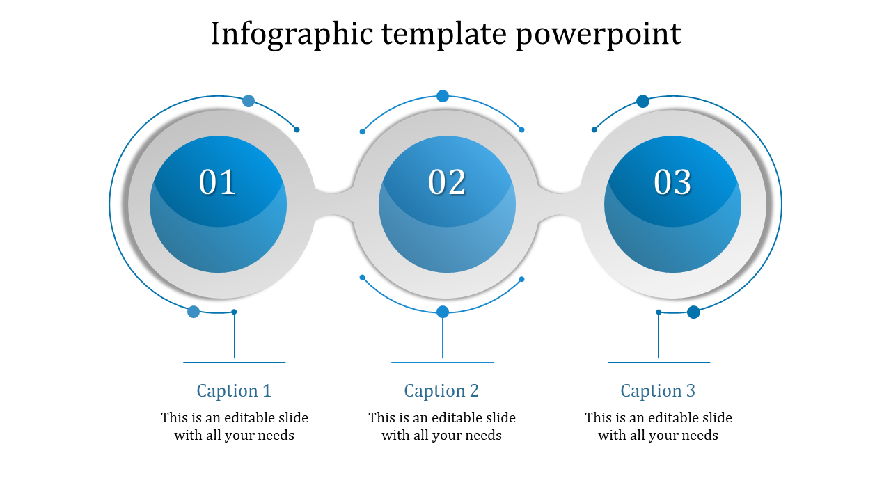 Infographic PowerPoint template with three numbered blue and gray circles with corresponding captions.