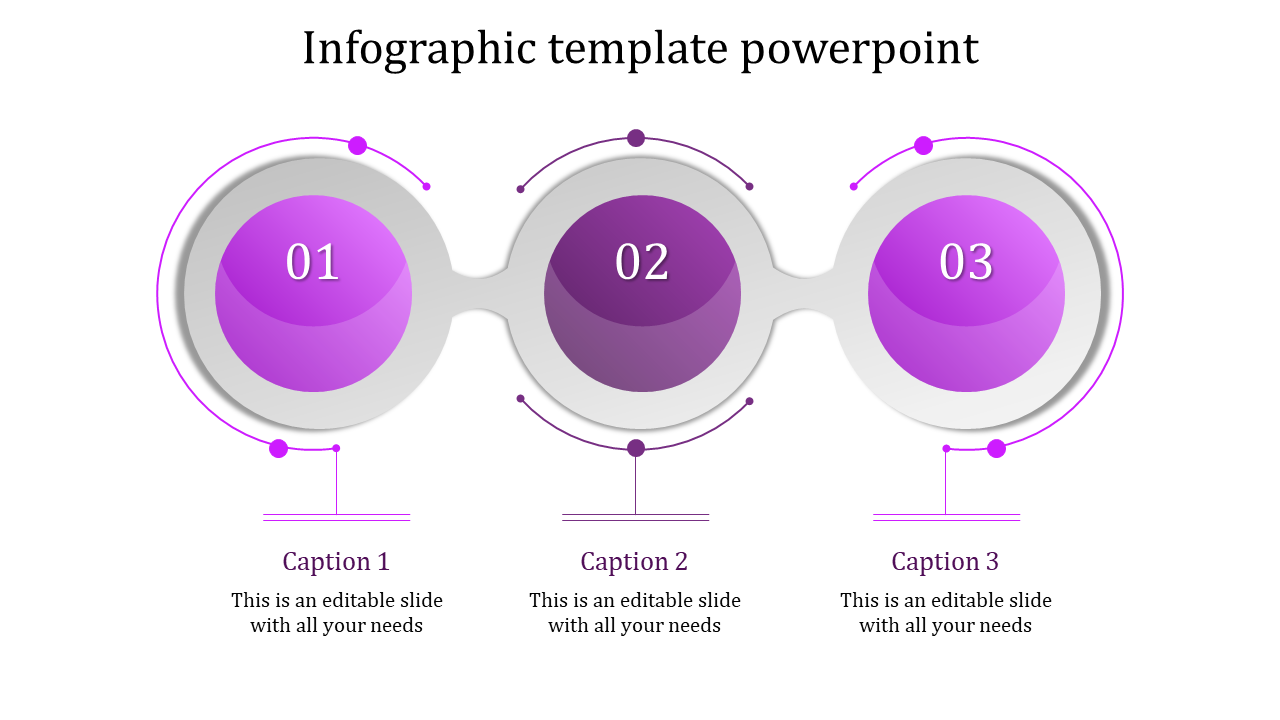 Triple-node infographic with bold purple spheres representing steps, connected in a horizontal layout with captions below.