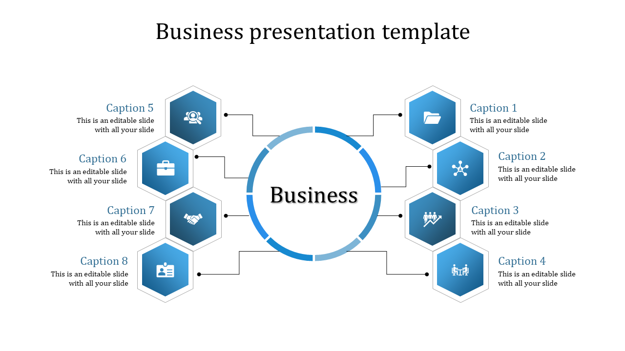 Business PowerPoint slide with eight hexagonal sections around a central circle, each containing an icon and caption.