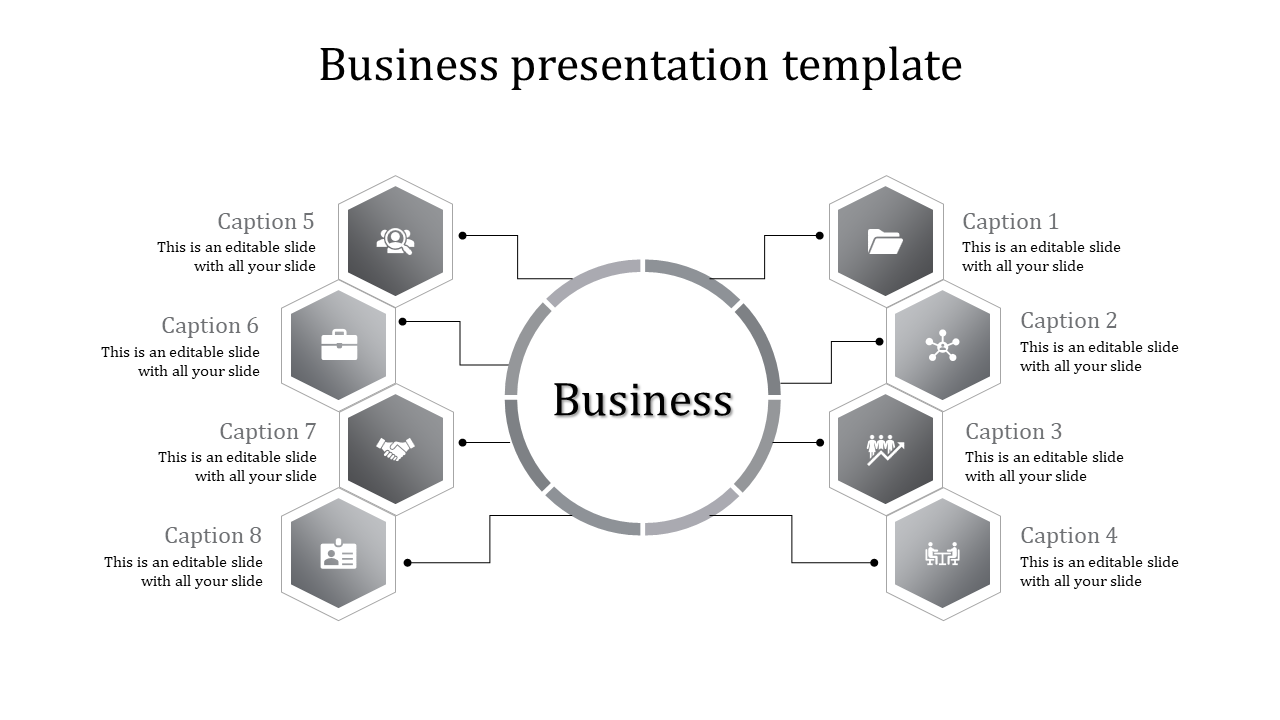 Infographic slide for business strategy, featuring a circle linked to eight hexagons containing business-related icons.