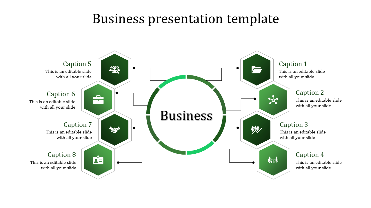 Professional business layout showcasing a central circle linked to eight green hexagons with icons and descriptive text.