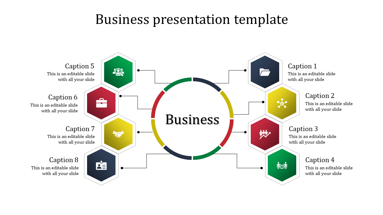 Business framework slide design, showing a structured layout with a central business concept linked to key topics.