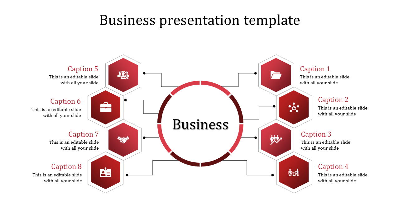 Business PPT slide with a circular design labeled Business in the center, surrounded by eight sections with red icons.