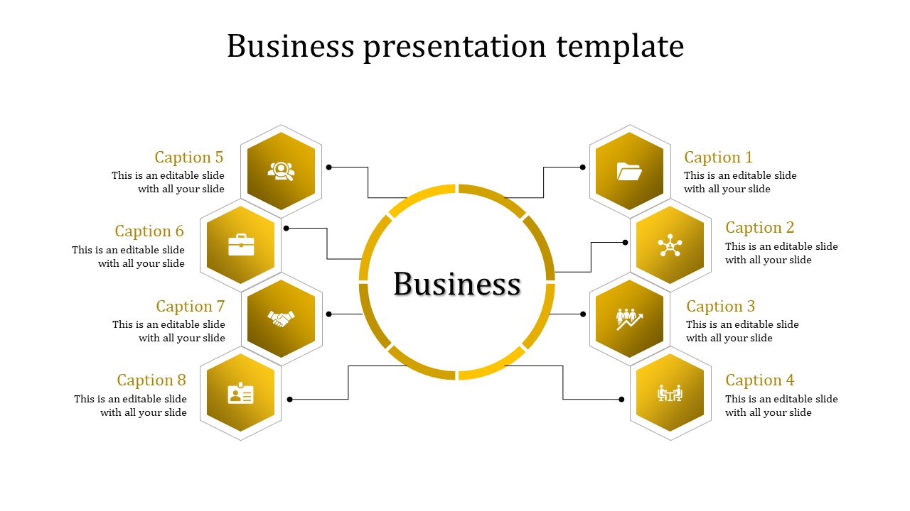 Business hub diagram with a concept surrounded by eight yellow hexagonal elements, each containing an icon and caption.